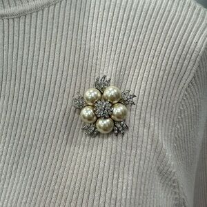 Lustrous Pearl and Crystal Floral Brooch